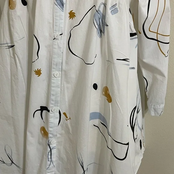 BUYKUD White Cotton Tunic Button Down Top Abstract Artsy Print Flowy Fit Medium - Picture 7 of 12